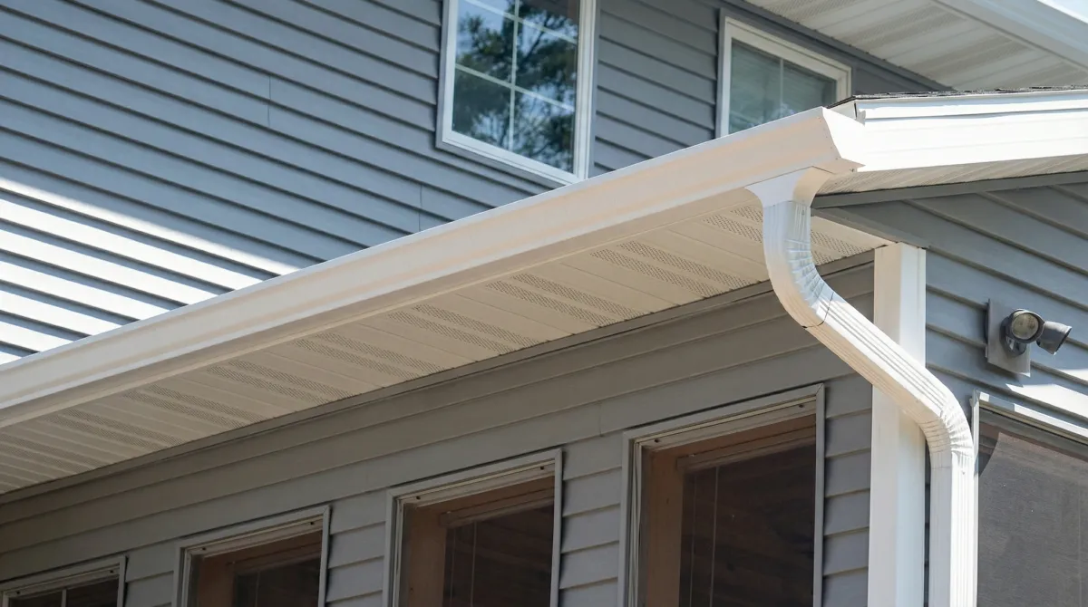 Professional home remodeling project showing newly installed white seamless gutters and downspouts on a house with gray siding in Lakeland, FL