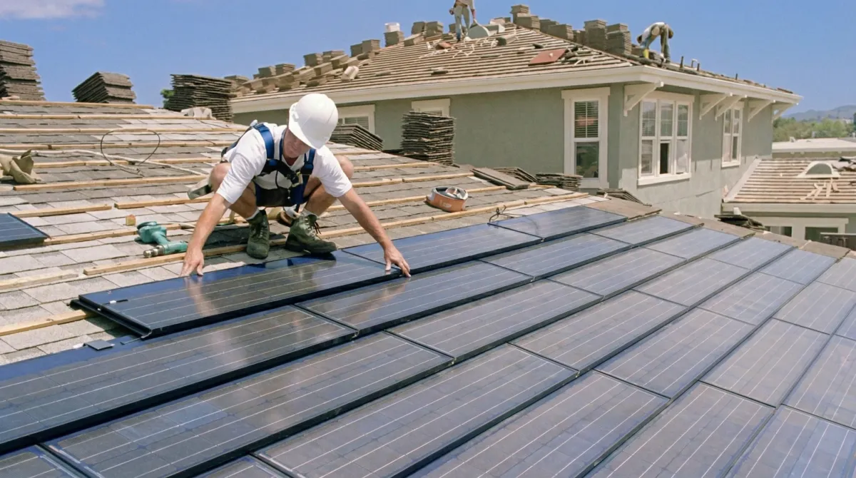 Roof replacement expert installing modern solar shingles on a residential home in Lakeland, FL