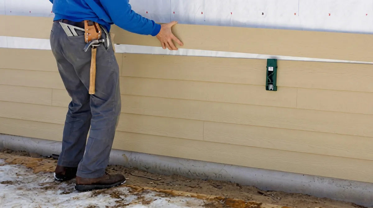 Siding replacement expert carefully aligning a new tan siding panel onto a residential exterior wall in Lakeland, FL