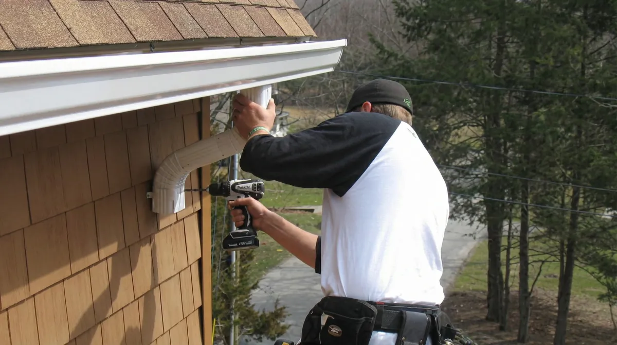 Professional contractor installing tan vinyl siding panels on a residential home exterior in Lakeland, FL