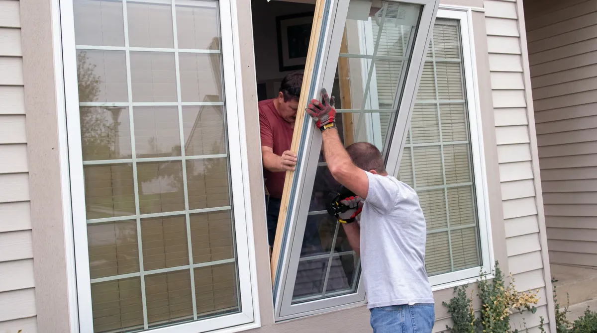 Professional home remodeling team installing a large replacement window on a house with tan siding in Lakeland, FL